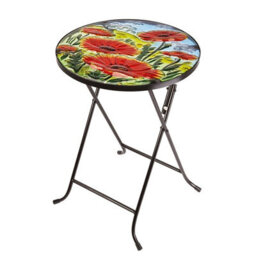 Foldable Poppy Design Garden Bistro Table With Hand Painted Glass Top, Steel Frame & Non-Slip Feet - H50 X 35Cm Diameter - thumbnail 2