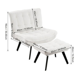 Living And Home Velvet Accent Chair With Footstool With Foldable Backrest For Living Reading Room, White - thumbnail 8