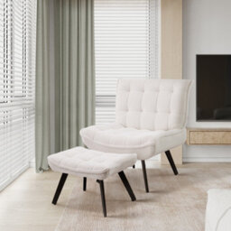 Living And Home Velvet Accent Chair With Footstool With Foldable Backrest For Living Reading Room, White - thumbnail 2