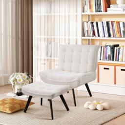 Living And Home Velvet Accent Chair With Footstool With Foldable Backrest For Living Reading Room, White - thumbnail 3