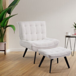 Living And Home Velvet Accent Chair With Footstool With Foldable Backrest For Living Reading Room, White - thumbnail 1