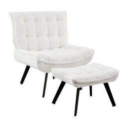 Living And Home Velvet Accent Chair With Footstool With Foldable Backrest For Living Reading Room, White - thumbnail 4