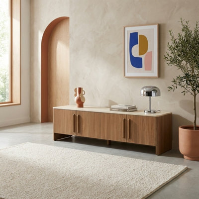Sweeek - 4-Door Tv Stand 180 Cm With Travertine Effect Top And Wood Decor Walnut - Aretha - image 1