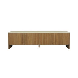 Sweeek - 4-Door Tv Stand 180 Cm With Travertine Effect Top And Wood Decor Walnut - Aretha - thumbnail 3