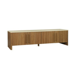 Sweeek - 4-Door Tv Stand 180 Cm With Travertine Effect Top And Wood Decor Walnut - Aretha - thumbnail 2