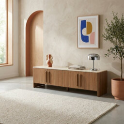 Sweeek - 4-Door Tv Stand 180 Cm With Travertine Effect Top And Wood Decor Walnut - Aretha - thumbnail 1