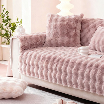 Living And Home Pink Thickened Faux Rabbit Fur Knitted Sofa Cushion Cover/sofa Throw, 180Cm W X 90Cm D - image 1
