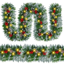 Amorly Christmas Garland With Lights - 9Ft Pre-Lit Flocked Garland With Led Bulbs, Battery Operated Garland For Christmas, Staircase - thumbnail 1