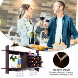 Costway Wall Mounted Wine Rack 10 Bottles 6 Glasses Display Holder Black Walnut - thumbnail 5