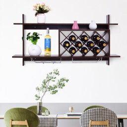 Costway Wall Mounted Wine Rack 10 Bottles 6 Glasses Display Holder Black Walnut - thumbnail 8