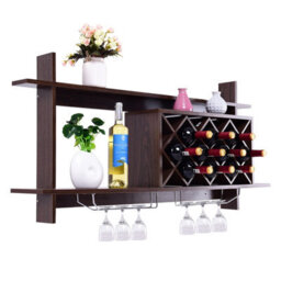 Costway Wall Mounted Wine Rack 10 Bottles 6 Glasses Display Holder Black Walnut - thumbnail 1