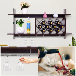Costway Wall Mounted Wine Rack 10 Bottles 6 Glasses Display Holder Black Walnut - thumbnail 7