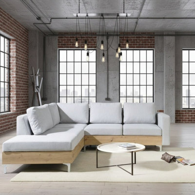 Orlando Wood Corner Sofa Hr Foam Polyurethane Wave Springs Metal Legs Wooden Frame 235X212X85Cm Light Grey And Artisan Left - image 1