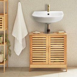 Wyld And Coco Bamboo Washbasin Cabinet Light Brown, Minimalist Double-Door Vanity Unit W60 X D30 X H60Cm - thumbnail 2