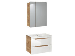 Impact Furniture Bathroom Sink Unit With Drawers 600mm Mirror Cabinet Wall Storage White Gloss Oak Aruba - thumbnail 2