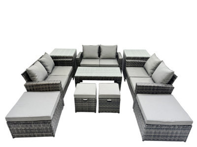 Fimous Outdoor Love Sofa Set 10 Seat Rattan Garden Furniture Set With Oblong Coffee Table 4 Stools 2 Side Table Dark Grey Mixed - image 1