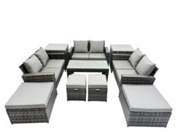 Fimous Outdoor Love Sofa Set 10 Seat Rattan Garden Furniture Set With Oblong Coffee Table 4 Stools 2 Side Table Dark Grey Mixed - thumbnail 1