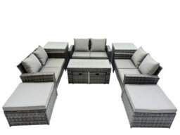 Fimous Outdoor Love Sofa Set 10 Seat Rattan Garden Furniture Set With Oblong Coffee Table 4 Stools 2 Side Table Dark Grey Mixed - thumbnail 2