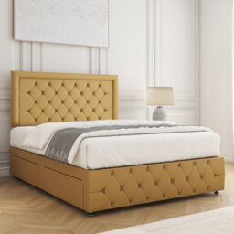 Bsspoke Lena Divan Bed Set Mustard Plush Velvet With 24Inch Headboard & Footboard 2 Drawers Same Side & Mattress In All Sizes - thumbnail 3