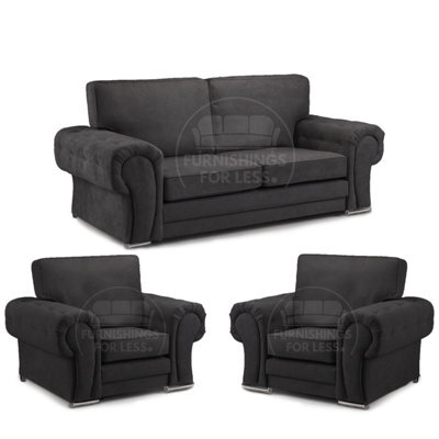 Furnishings For Less UK Milan Fabric 3 Piece Sofa Suite Black Full Back 3 Seater And 2 Matching Armchairs -  3 1 1 - image 1
