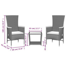 Walplus 3 Piece Garden Dining Set Balcony Indoor Outdoor Patio Furniture With Cushions Grey Poly Rattan - thumbnail 4
