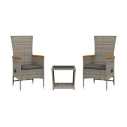 Walplus 3 Piece Garden Dining Set Balcony Indoor Outdoor Patio Furniture With Cushions Grey Poly Rattan - thumbnail 2