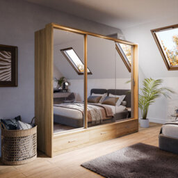 Arte Lux Xxiii -Elegant Oak Shetland Mirrored Sliding Door Wardrobe (H2150mm W2500mm D630mm) With Drawers And Led Lighting - thumbnail 1