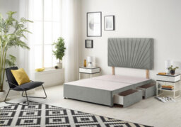 "Somnior Beds Platinum Divan Bed Base With 4 Drawers & 30"" Headboard - Linen Fabric, Silver, 4Ft Small Double"