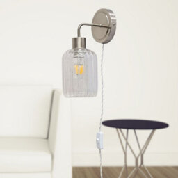 First Choice Lighting Set Of 2 Toby - Satin Nickel Plug In Wall Lights Ribbed Glass Shades - thumbnail 5