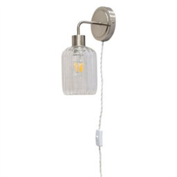 First Choice Lighting Set Of 2 Toby - Satin Nickel Plug In Wall Lights Ribbed Glass Shades - thumbnail 2