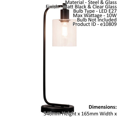 Table Lamp Matt Black & Clear Glass 10W Led E27 Complete Bedside Light