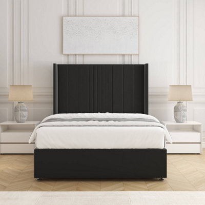 Bsspoke Charlotte Divan Bed Set Black Plush Velvet 54Inch Wingedback Panel Headboard & Mattress No Drawers In All Sizes - image 1