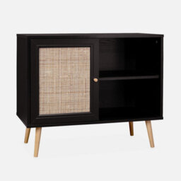Sweeek - 80Cm Scandi-Style Storage Cabinet With Wooden And Cane Rattan Black 80X39X65.8 Cm - Boheme - thumbnail 2