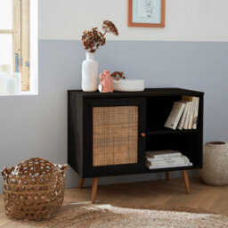 Sweeek - 80Cm Scandi-Style Storage Cabinet With Wooden And Cane Rattan Black 80X39X65.8 Cm - Boheme