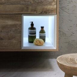 Homestylestore Light Oak 594mm Led Lit Wall Hung Bathroom Vanity Unit Rectangular Countertop Graphite Basin Open Shelf - thumbnail 2