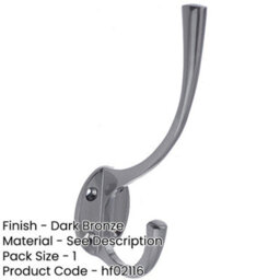 Loops Elegant Solid Brass Hat And Coat Hook In Dark Bronze Finish - 142mm - Wall Mounted Clothing Hook - thumbnail 2