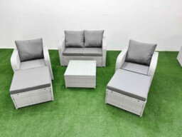 Fimous Light Grey Pe Wicker Rattan Garden Furniture Set Sofa Set Reclining Adjustable Chair Square Coffee Table 6 Seater 2 Stools - thumbnail 1