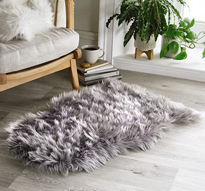 Grey Faux Sheepskin Rug - Deep Pile Fluffy Shaggy Area Rugs Or Sofa Chair Bench Cover Throw - Measures 90 X 60Cm
