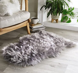 Grey Faux Sheepskin Rug - Deep Pile Fluffy Shaggy Area Rugs Or Sofa Chair Bench Cover Throw - Measures 90 X 60Cm