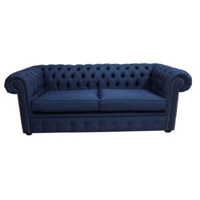 Chesterfield 3 Seater Sofa Charles Midnight Blue Real Linen Fabric In Classic Style - image 1