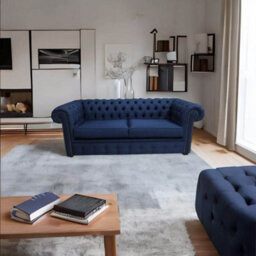 Chesterfield 3 Seater Sofa Charles Midnight Blue Real Linen Fabric In Classic Style - thumbnail 4