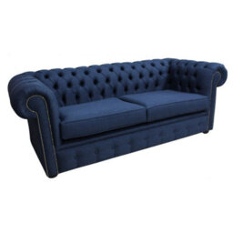 Chesterfield 3 Seater Sofa Charles Midnight Blue Real Linen Fabric In Classic Style - thumbnail 3