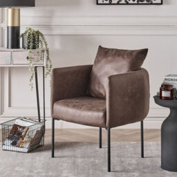 Beliani Retro Cushioned Armchair Brown Faux Leather With Black Iron Legs - Compact Lounge Chair - thumbnail 2