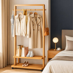 Modcraft Rolling Bamboo Clothes Rail With Shelf - Heavy Duty Wooden Garment Hanging Stand With Wheels - thumbnail 2