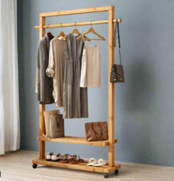 Modcraft Rolling Bamboo Clothes Rail With Shelf - Heavy Duty Wooden Garment Hanging Stand With Wheels