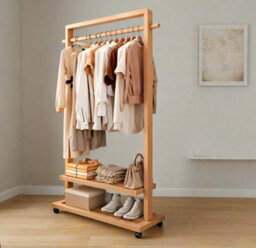 Modcraft Rolling Bamboo Clothes Rail With Shelf - Heavy Duty Wooden Garment Hanging Stand With Wheels - thumbnail 5
