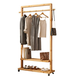 Modcraft Rolling Bamboo Clothes Rail With Shelf - Heavy Duty Wooden Garment Hanging Stand With Wheels - thumbnail 3