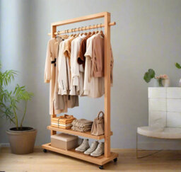 Modcraft Rolling Bamboo Clothes Rail With Shelf - Heavy Duty Wooden Garment Hanging Stand With Wheels - thumbnail 6