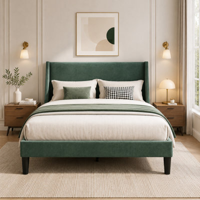 Double Velvet Bed With Winged Headboard And Wood Slat Support - image 1