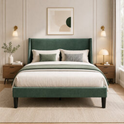 Double Velvet Bed With Winged Headboard And Wood Slat Support - thumbnail 1